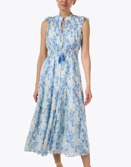 Stunning Blue Floral Lurex-Print Women's Summer Dress