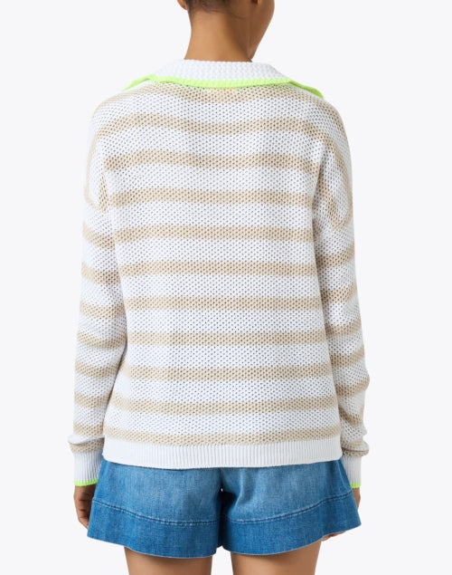 Beige and White Horizontal Striped Women's Cotton Knit Sweater for Casual Wear