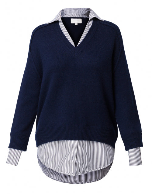 Stylish Navy Cashmere Blend Sweater with Striped Underlayer Design