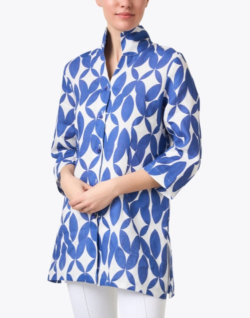 Elegant Rita Blue Abstract Floral Print Linen Women's Jacket for Special Occasions