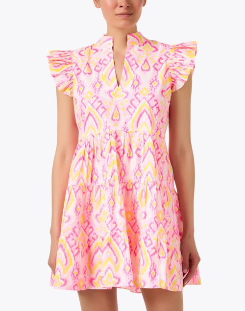 Sail to Sable's Pink Ikat Print Cotton Mini Tiered Dress with Flutter Sleeves