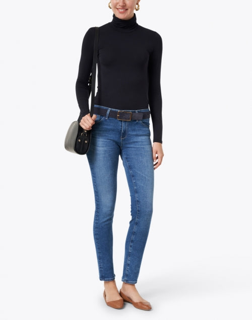 Navy Blue Stretchable Viscose Long - Sleeved Turtleneck Women's Top