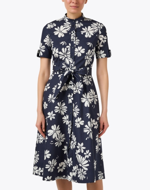 Navy Floral Print 100% Cotton A-Line Ricochet Dress with Self-Tie Belt