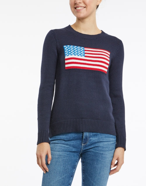 Navy Cotton American Flag Intarsia Knit Sweater for Summer