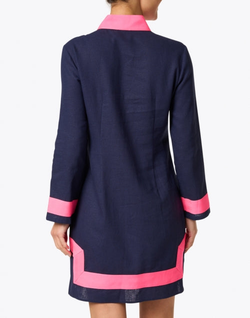 Navy and Bright Pink Color-Blocked Linen Tunic Dress for Coastal Wear