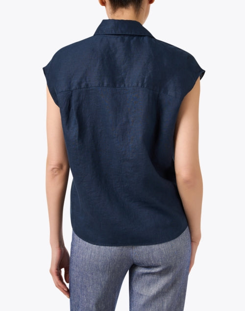 Stylish Navy 100% Linen Blouse with Cap Sleeves