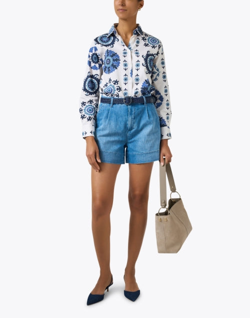Stylish Isa Cotton Shirt with White and Blue Prints
