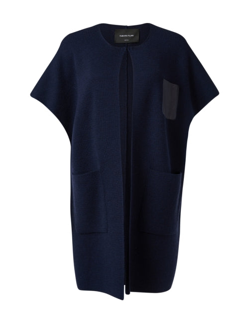 Luxurious Navy 100% Wool Cardigan with Leather Pocket and Elegant Closure