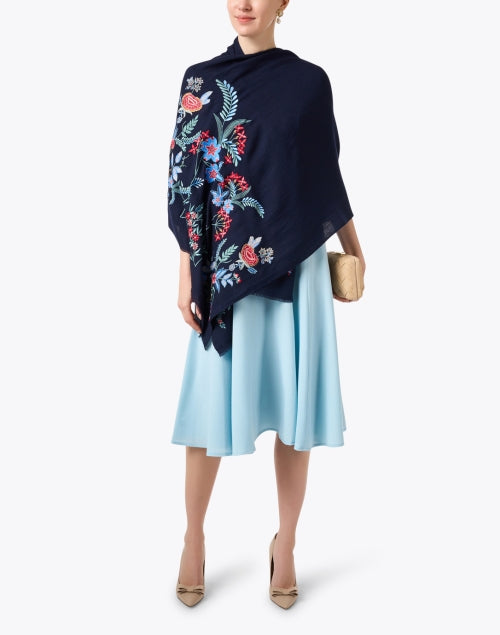 Navy Blue Floral Pattern Embroidered Luxury Wool Fashion Scarf
