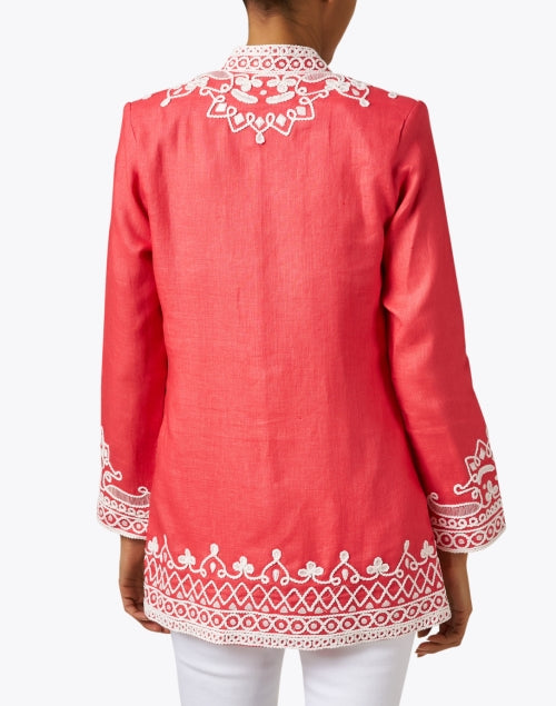 Stunning Hand - Embroidered Coral Linen Ceci Open - Front Jacket