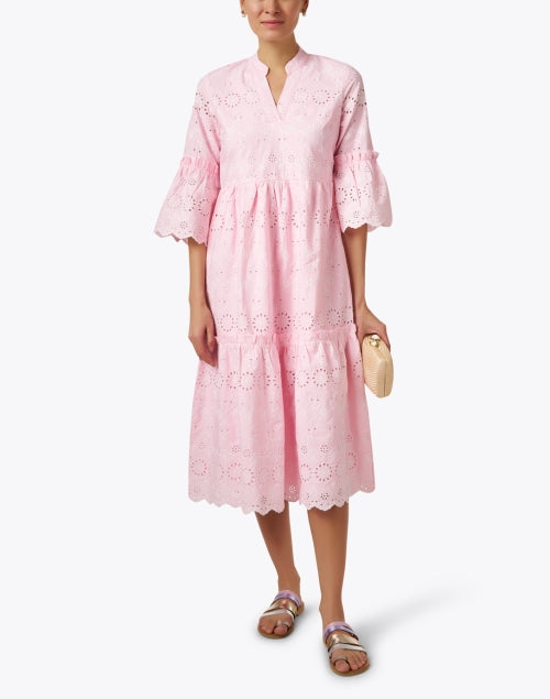 Pink 100% Cotton Eyelet Lace Midi Tiered Dress for Women