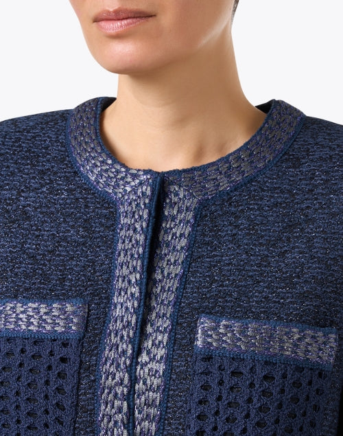 Stylish Blue Lurex Trimmed Tweed Blazer for a Refined Look