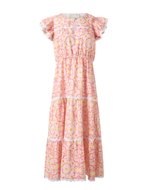 Sail to Sable Pink Medallion Patterned Ric Rac Trimmed Linen Blend Tiered Dress