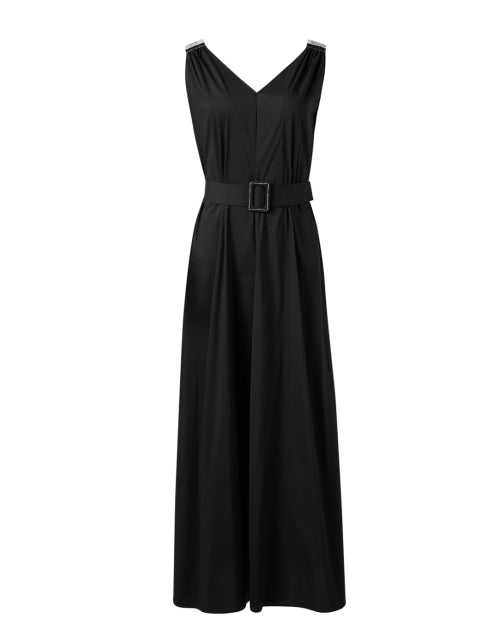 Elegant Black Cotton Blend A-Line Maxi Dress with Belt and Shoulder Details