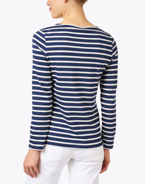 Luxurious Minquidame Navy and Off - White Striped Cotton Casual Top