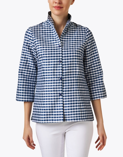Stylish Navy Gingham Pattern Silk Women's Fashion Jacket by Ronette