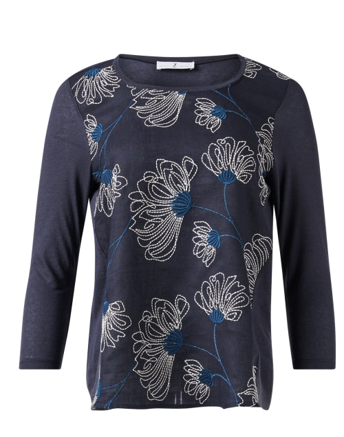 Stylish Navy and White Floral-Embroidered Relaxed Top