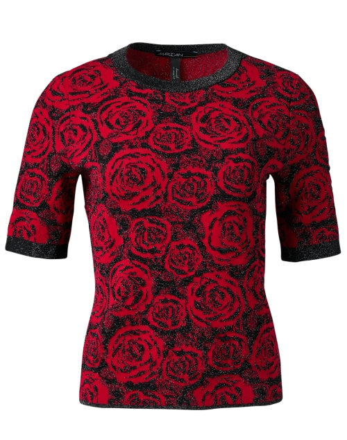 Elegant Women's Red Rose Printed Knit Crew Neck Top