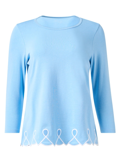 Stylish Blue Pima Cotton Embroidered Knit Crew Neck Top