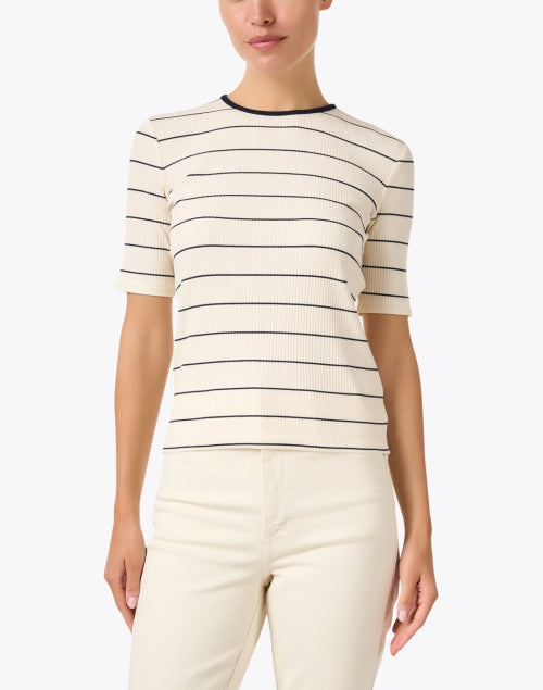 Cream-Colored Striped Stretch Cotton Crew Neck Top