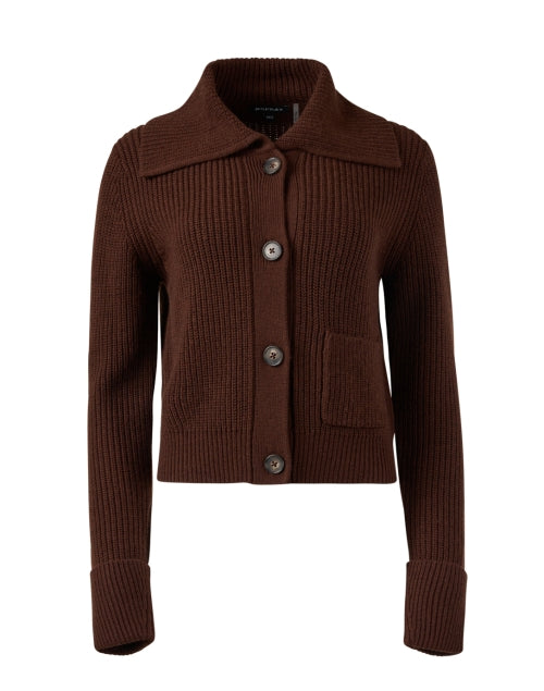 Luxurious 100% Brown Wool Collared Cardigan for Timeless Style