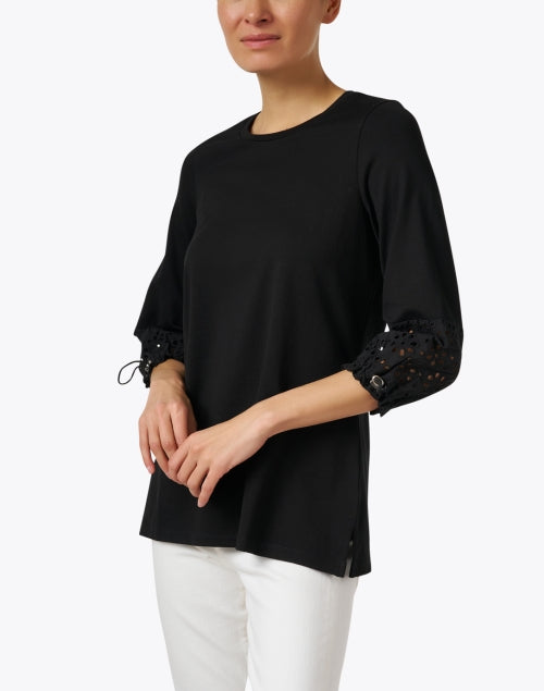 Stylish Black Stretch Pima Cotton Top with Eyelet Cuff Detail