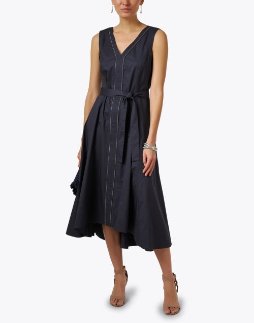 Navy Blue Crisp Cotton A-Line Women's Dress with Metallic Trim and Self-Tie Waist