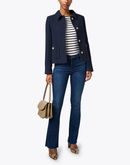Helene Berman Greta Style Navy Blue Gold-Buttoned Woven Cotton Blend Jacket