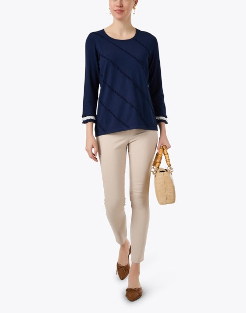 Navy and White Fringed Knitted Women's Top for Modern Wardrobe
