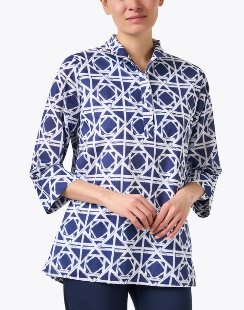 Navy Intricate Rattan Print Women's Cricket Top by Jude Connally