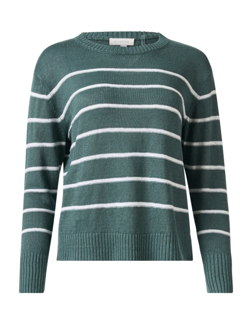 Lightweight Green and White Striped Knit Linen Sweater for Transitional Wardrobe