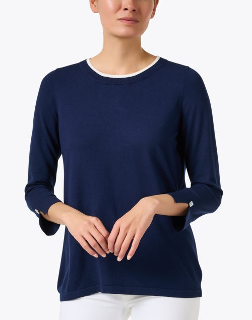 Stylish Navy and White Relaxed Knit Top with Button Detail