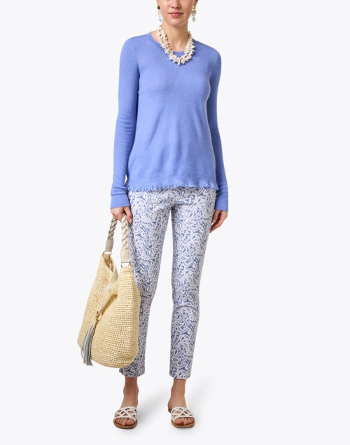 Stylish Blue Cashmere Crew Neck Sweater with Fringe Hem for Spring and Summer