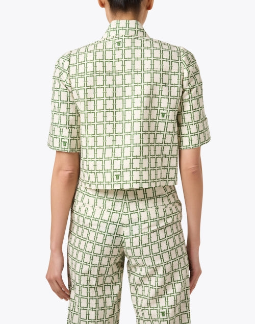 Stylish Green Geometric Print Premium Cotton-Linen Short Sleeve Top by Tara Jarmon