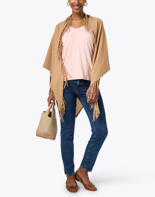 Luxurious Italian Camel Cashmere Shawl with Fringe Trim