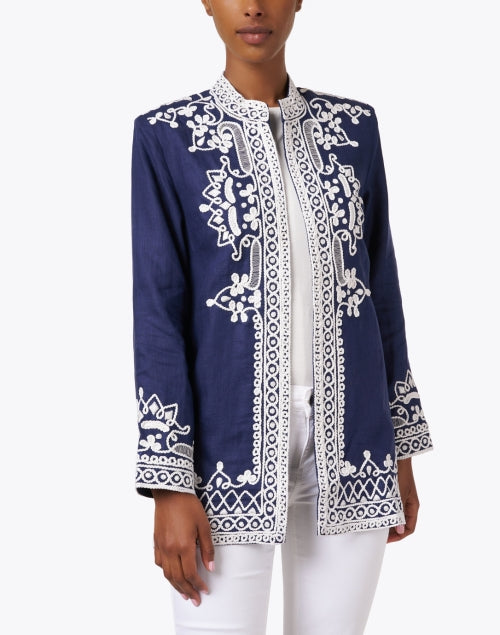 Navy Blue Embroidered Linen Ceci Jacket for Warm Weather