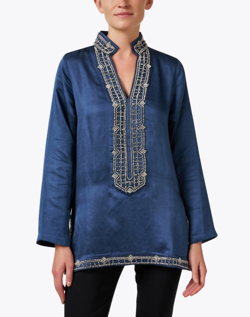 Stylish Marilyn Indigo Embroidered Women's Tunic Top for Special Occasions
