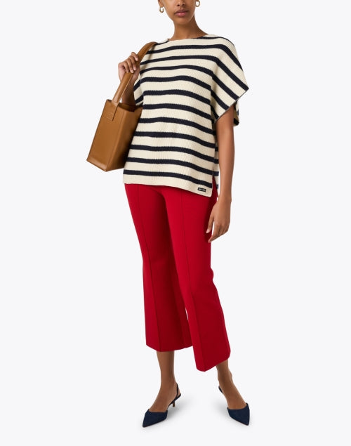 Stylish Ivory and Navy Striped Wool Poncho Style Tops for Fashionable Wear