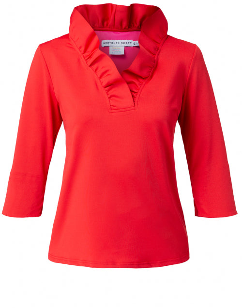 Bright Red Stretch Ruffle V-Neck Slim-Fit Top for Spring