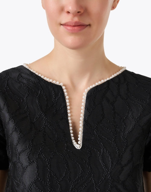 Stunning Lulu Black Textured Satin Jacquard Pearl - Trimmed Dress