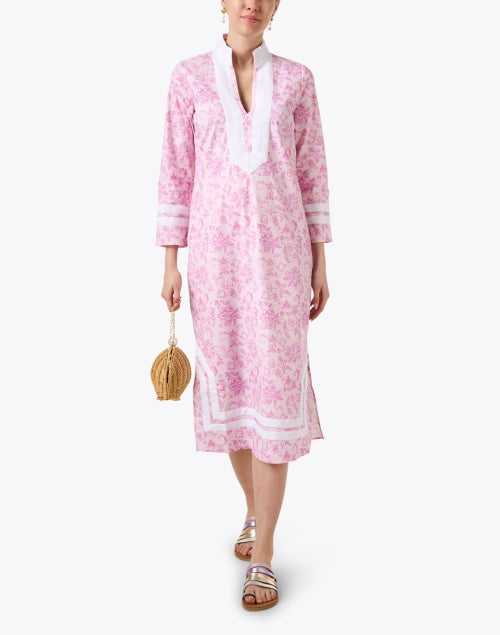 Stylish Pink Floral Print Stretch Cotton Women's Tunic Dress for New Season