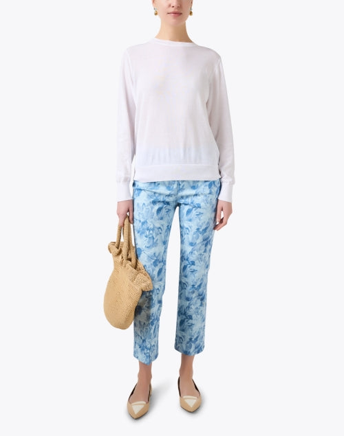 Women's Blue Floral Patterned Pull-On Cropped Cotton Stretch Pants
