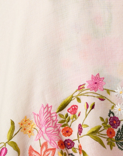 Ivory-colored Floral-embroidered Luxury Merino Wool Scarf for Women
