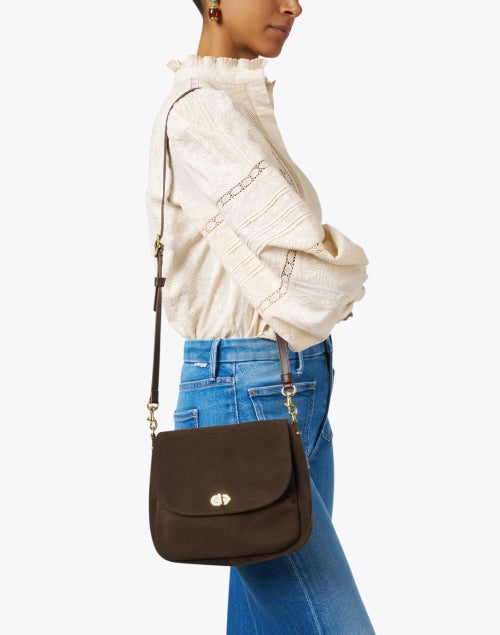 Adjustable Turnlock Louis Crossbody Bag in Rich Chocolate Brown Suede