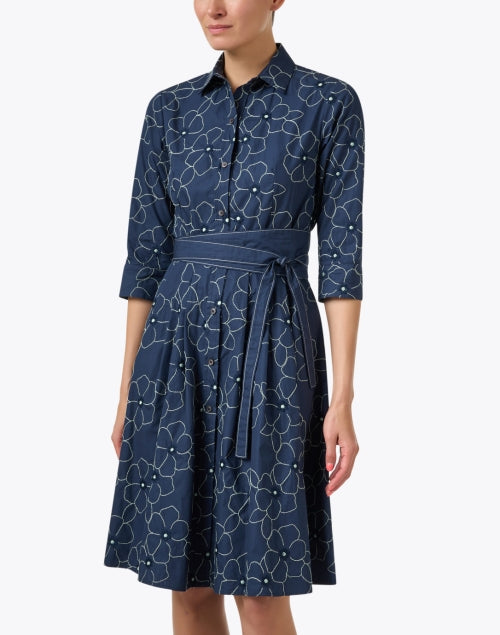 Navy Blue Floral Embroidered Cotton Blend Shirt Dress