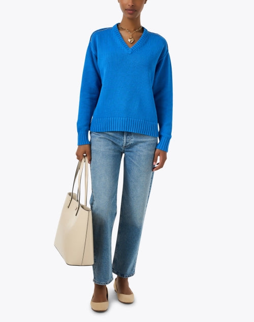French-Style Embroidered Cotton Blue Sweater for Casual Wear