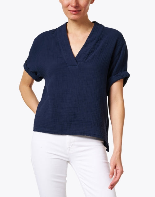 Navy Blue 100% Cotton Avery V - neck Top for Warm Weather