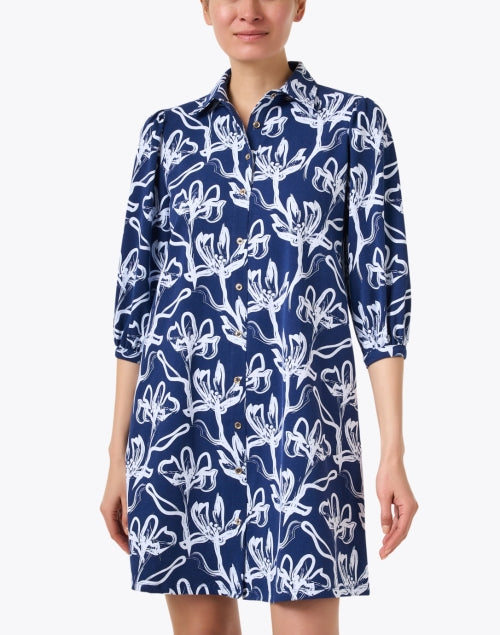 Navy Floral Print Cotton Women's Shirt Dress by Ashlynn