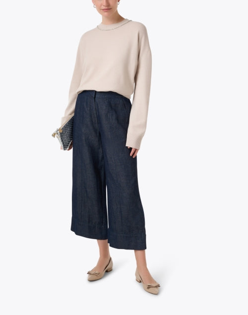 Stylish Beige Wool-Silk-Cashmere Embellished Sweater with Metallic Neckline