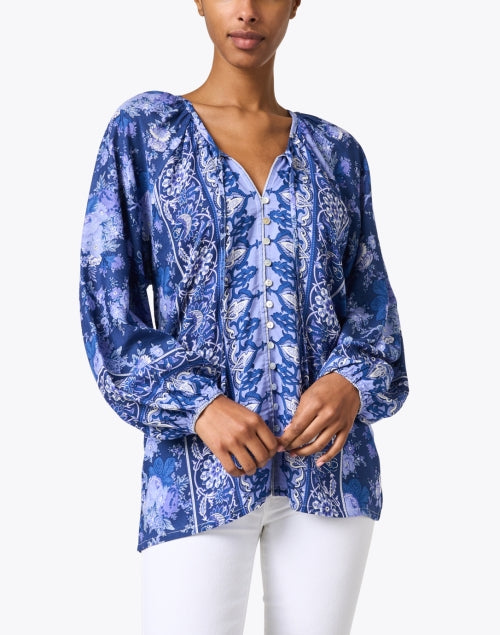 Stylish Sonia Blouse with Intricate Blue Print and Balloon Sleeves